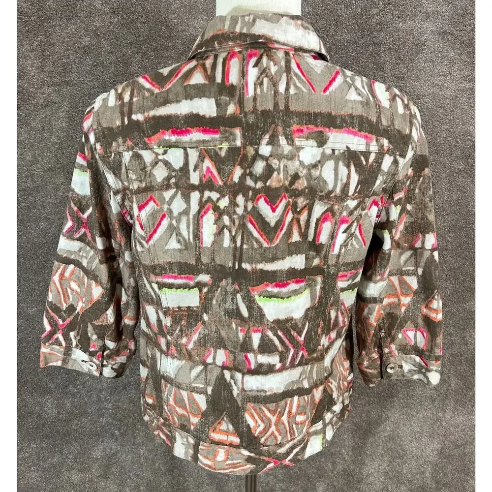 Chicos Jacket Womens 2 Large‎ 14 Brown Orange Pink Button Up 3/4 Sleeve Canvas